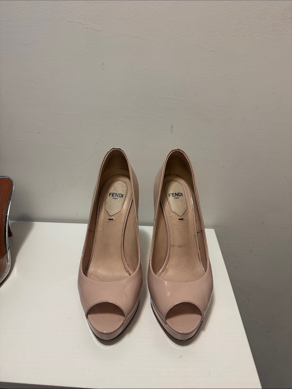 Fendi Nude Patent Leather Peep-Toe Heels